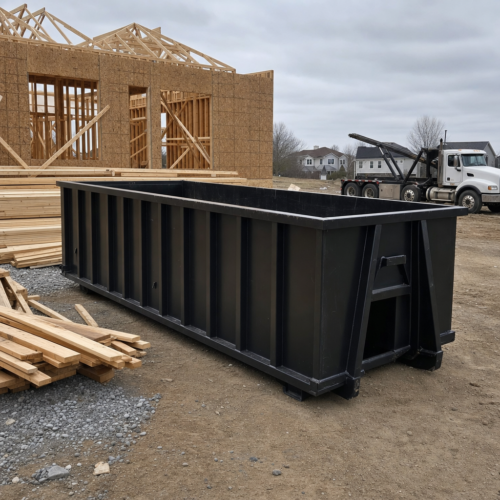 Matte-black 40-yard roll-off dumpster staged on a framed-out residential construction site in Naperville, framing lumber stacked nearby, hooklift delivery truck visible in the background under bright Colorado daylight