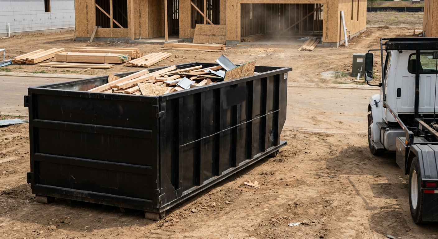 Matte-black 20-yard roll-off construction dumpster with heavy ribbed steel sidewalls and swing rear doors at a working jobsite in Naperville, sitting directly on compacted dirt with an unmarked white hauler partially visible at the far edge of the frame.