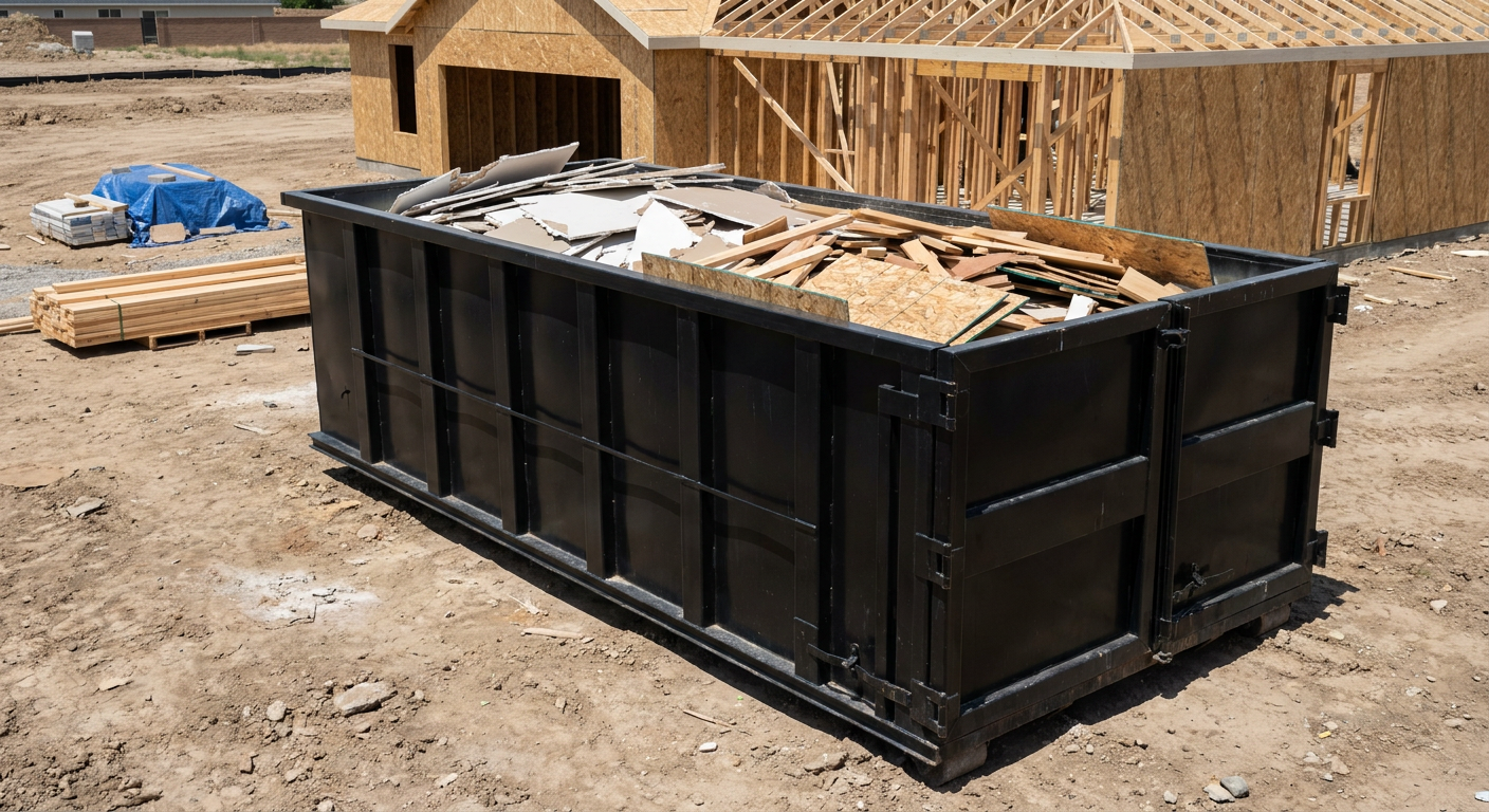 Matte-black 30-yard roll-off construction dumpster sitting directly on the compacted-dirt site of a framed single-family home build in Naperville, drywall and lumber scrap loaded inside.