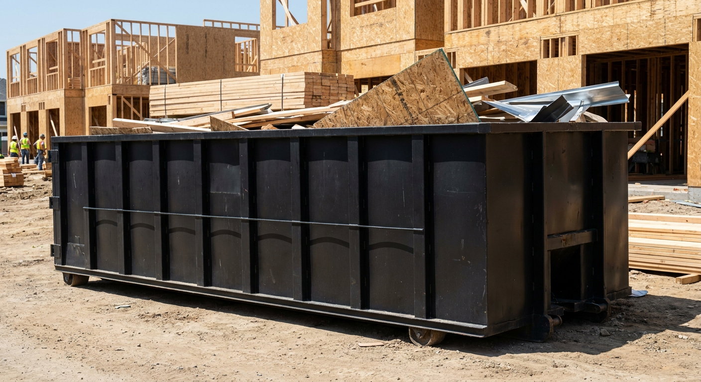 Matte-black 40-yard roll-off construction dumpster being lowered from a white-cab hooklift delivery truck onto the compacted-dirt jobsite at a commercial build site in Naperville