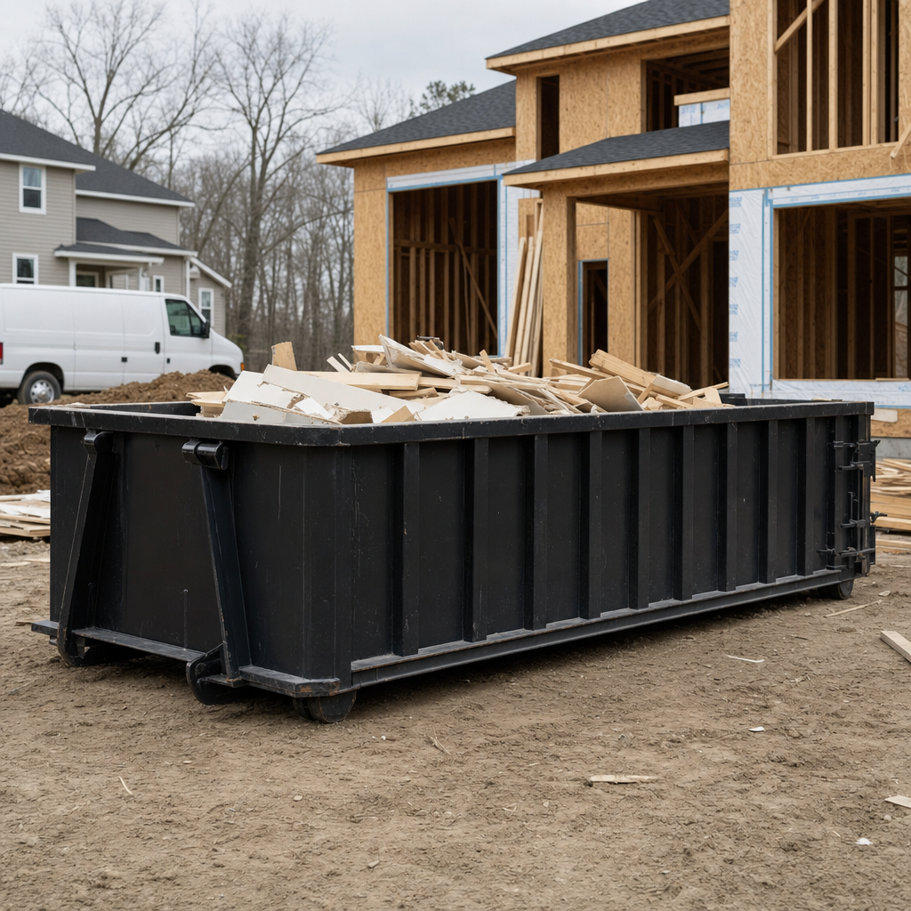 Worker in a yellow high-visibility vest tossing framing lumber and broken drywall into a matte-black 30-yard construction roll-off dumpster on an active build site in Naperville, bright daylight