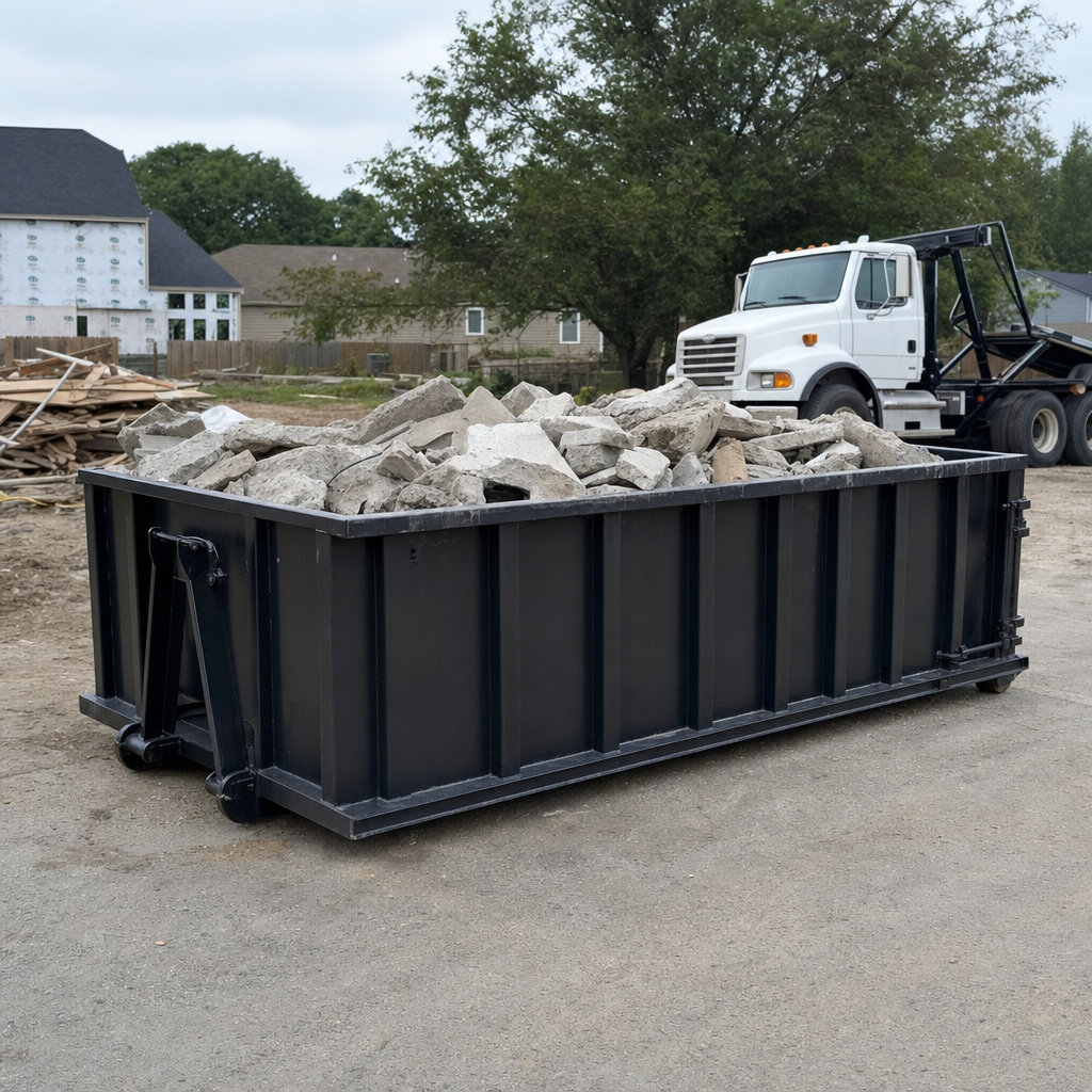 Low-profile matte-black lowboy roll-off dumpster loaded with broken concrete slab and rebar at a foundation tear-out in Naperville, skid steer parked beside it, sunny Colorado morning