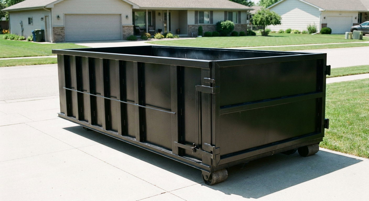 Matte-black 10-yard roll-off dumpster on a residential concrete driveway in Naperville, uniformly painted matte black across every panel and rail, ribbed steel sidewalls and rear swing door visible, mid-day daylight.