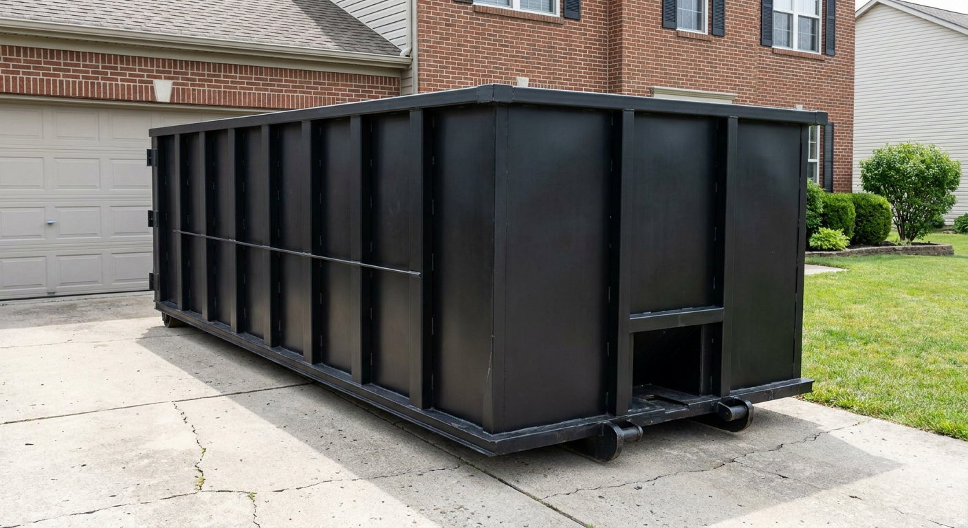 Matte-black 20-yard roll-off container on a Naperville residential concrete driveway with reinforced ribbed steel sidewalls and a hinged rear walk-in door, clean bright daylight.