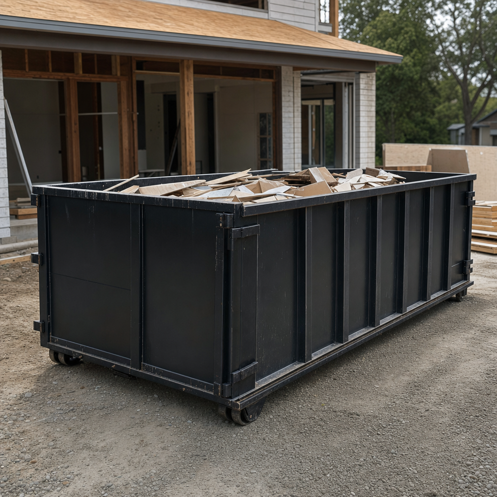 Large matte-black 30-yard construction roll-off dumpster at an active Naperville jobsite, steel-gray top rails and bottom rollers visible, loaded with construction debris.