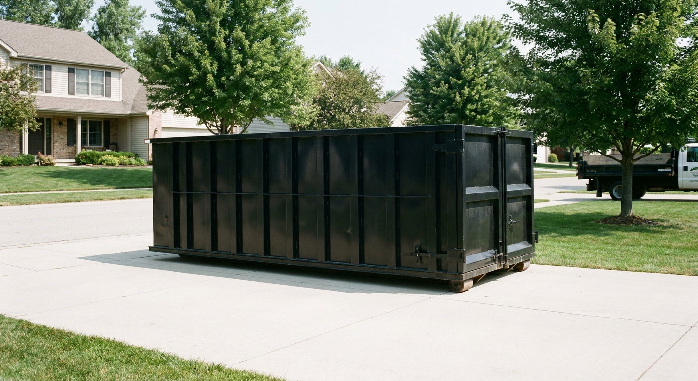 Matte-black 20-yard roll-off dumpster sitting level on a clean Naperville residential concrete driveway under bright daylight, demonstrating clean placement directly on the concrete.