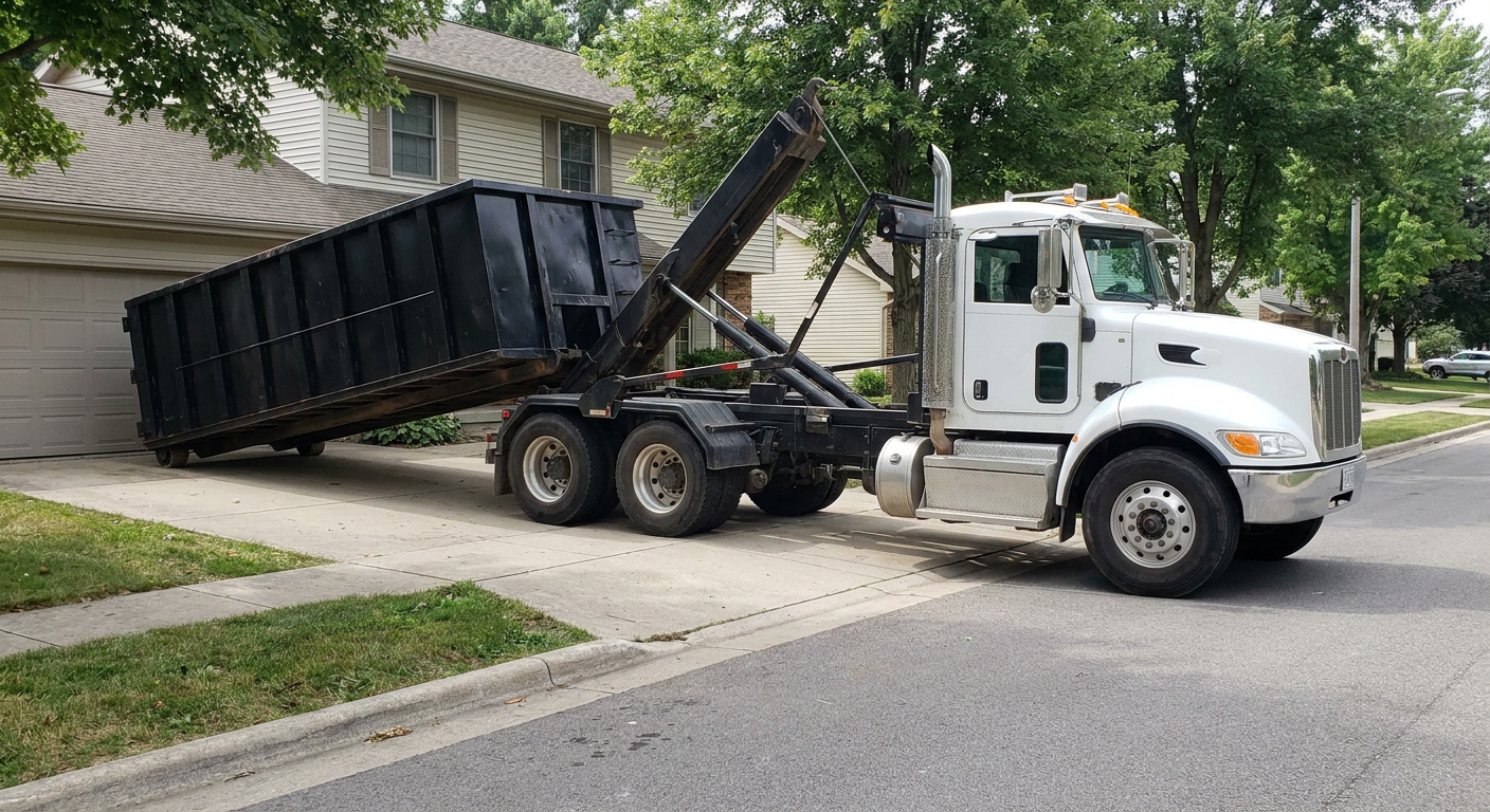 White-cab hooklift roll-off truck actively lowering a matte-black dumpster onto a Naperville residential concrete driveway, the dumpster's rear wheels touching the driveway as the hoist arm tilts the bed forward, mid-morning daylight.