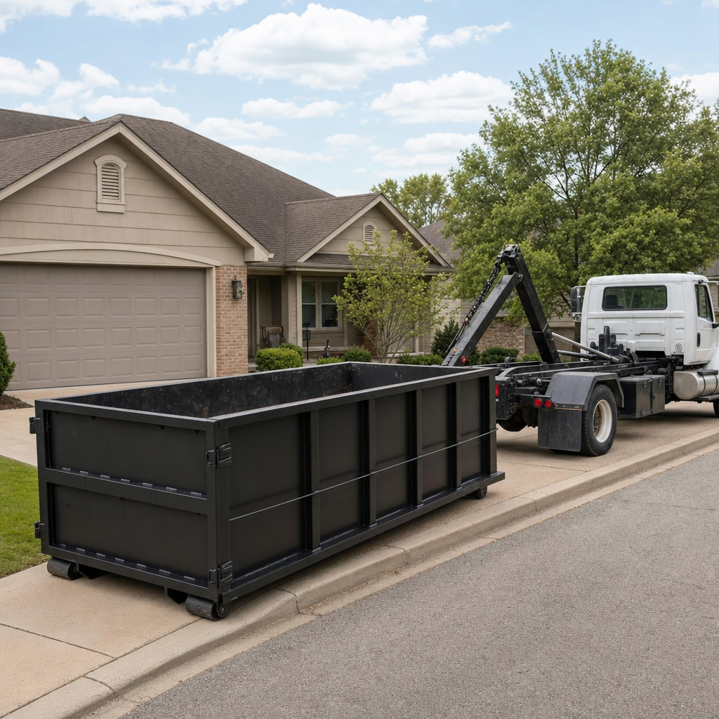 Wide documentary shot of a matte-black roll-off dumpster on a Naperville residential driveway in the foreground and a contractor jobsite container in the soft-focus background, bright daylight, calm and orderly composition.