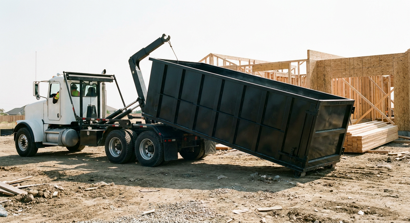 Matte-black roll-off dumpster being delivered onto a clean residential concrete driveway in Naperville by an unmarked white hooklift hauler truck, bright morning daylight, documentary 35mm perspective.