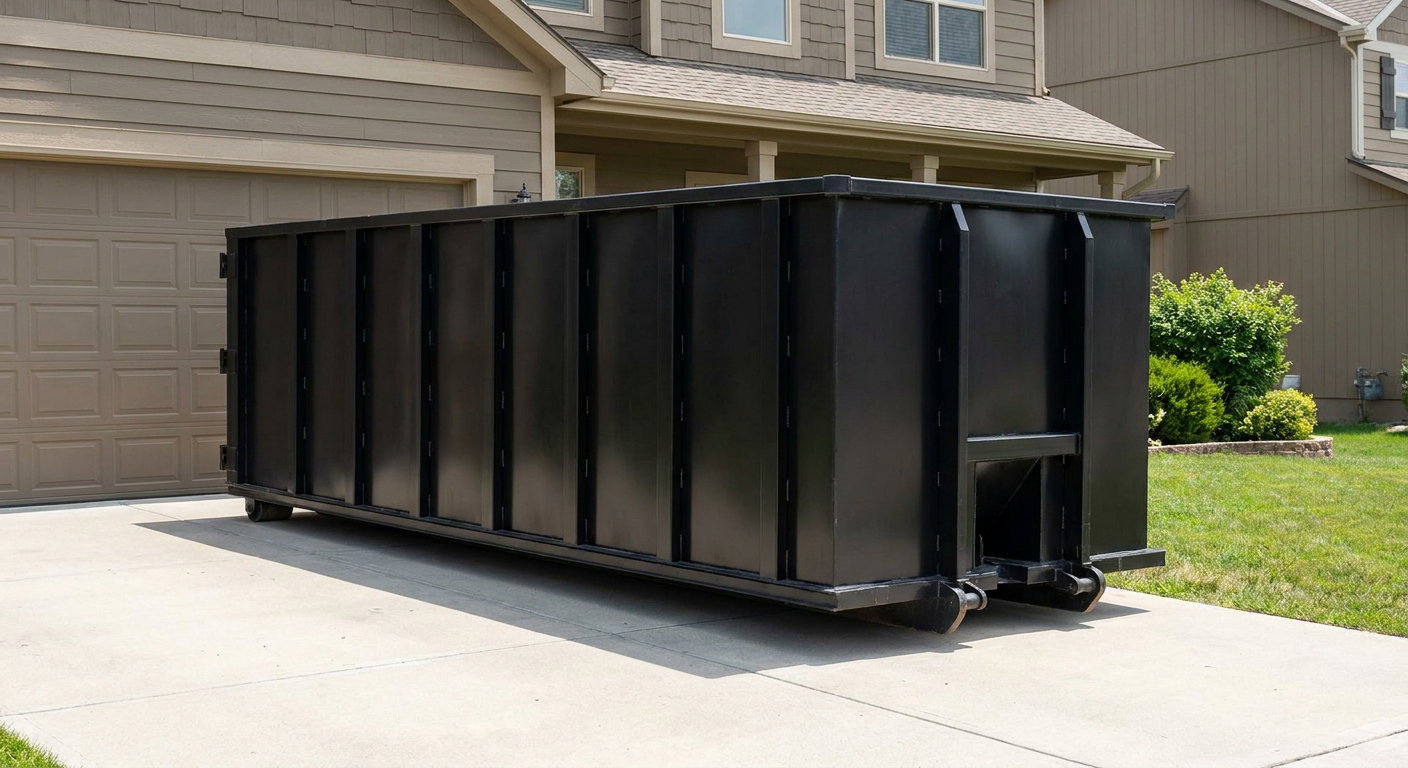 Matte-black residential roll-off dumpster sitting directly on a suburban Naperville concrete driveway, garage door closed, single-family home in background, bright morning daylight.