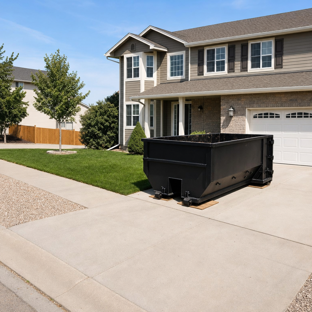 10-yard matte-black residential dumpster placed directly on a narrow Naperville concrete driveway, room remains for a parked sedan beside it, mid-morning natural light