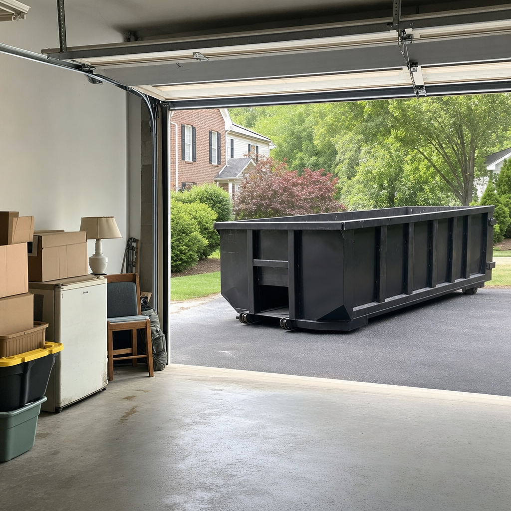 Open garage interior in a Naperville home mid-cleanout — boxed items, an old appliance, and stacked yard tools queued near the driveway for a matte-black roll-off dumpster, organized and calm