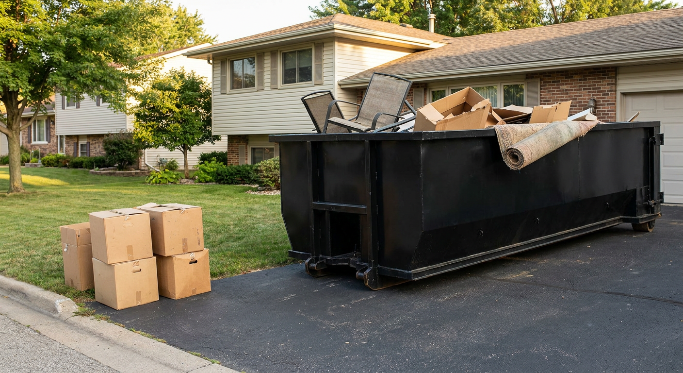 Front-yard view of a Naperville split-level home with a 20-yard matte-black roll-off dumpster sitting directly on the asphalt driveway, a few clearly labeled donation boxes staged at the curb, calm sunny afternoon.