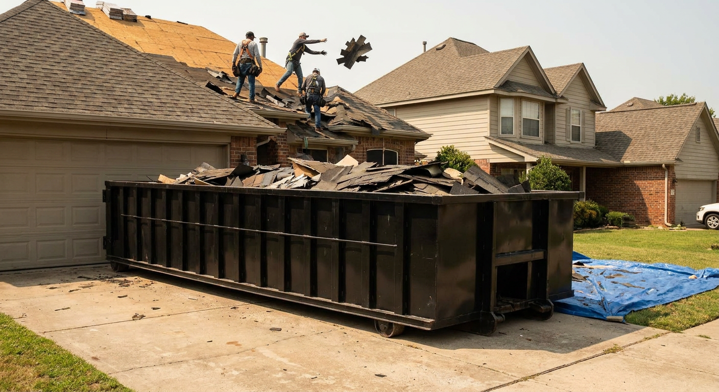 Matte-black roofing roll-off dumpster placed directly on a Naperville residential concrete driveway, a tear-off crew on a two-story asphalt-shingle roof tossing shingle bundles into the low-walled container, bright daylight, documentary 35mm perspective.