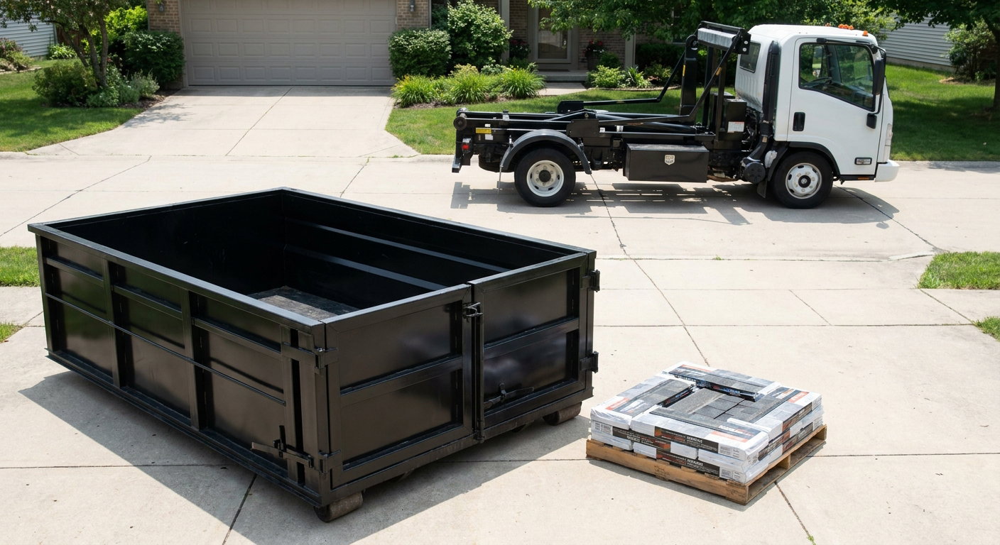 Matte-black 15-yard roofing roll-off dumpster with reinforced low side walls sitting directly on a Naperville residential concrete driveway, three-tab asphalt shingle bundles stacked nearby, an unmarked white hauler truck partially visible at the edge of the frame.