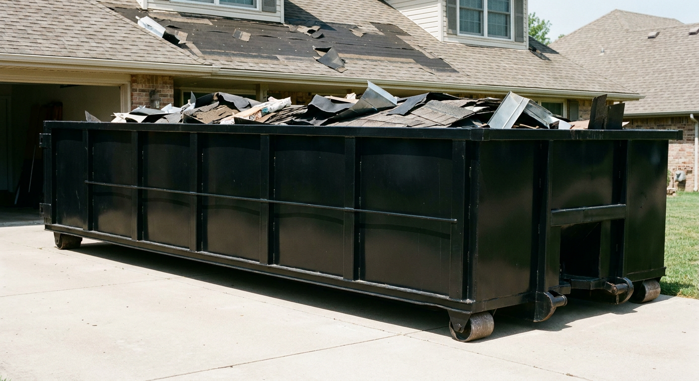 Matte-black 20-yard roofing roll-off dumpster with steel ribbed sides and swinging rear door, sitting directly on the concrete driveway of a two-story Naperville home, asphalt shingle debris being loaded over the low wall, clean documentary lighting.
