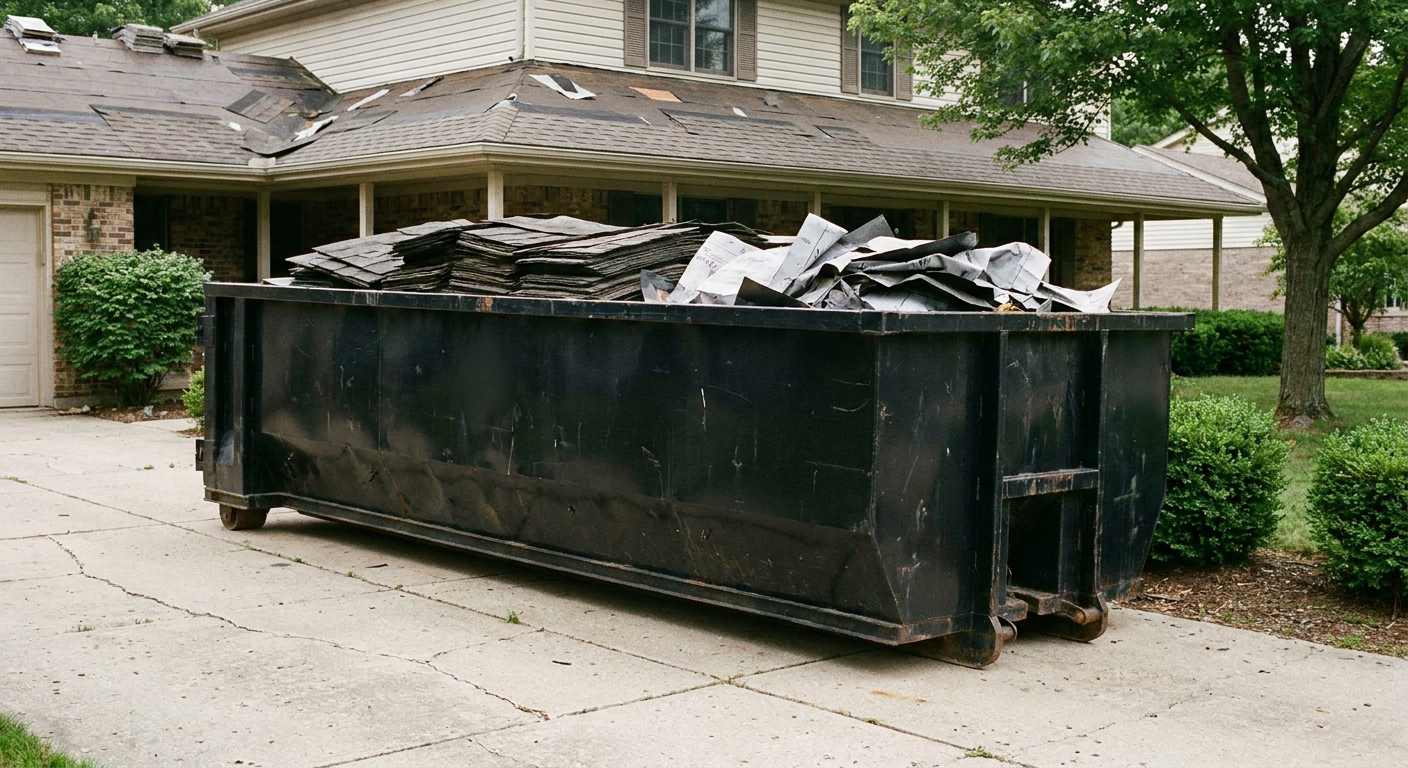 Matte-black 30-yard roofing roll-off dumpster sitting directly on a Naperville concrete driveway, taller ribbed steel side panels, mixed tear-off debris of asphalt shingles and underlayment inside, professional documentary daylight.