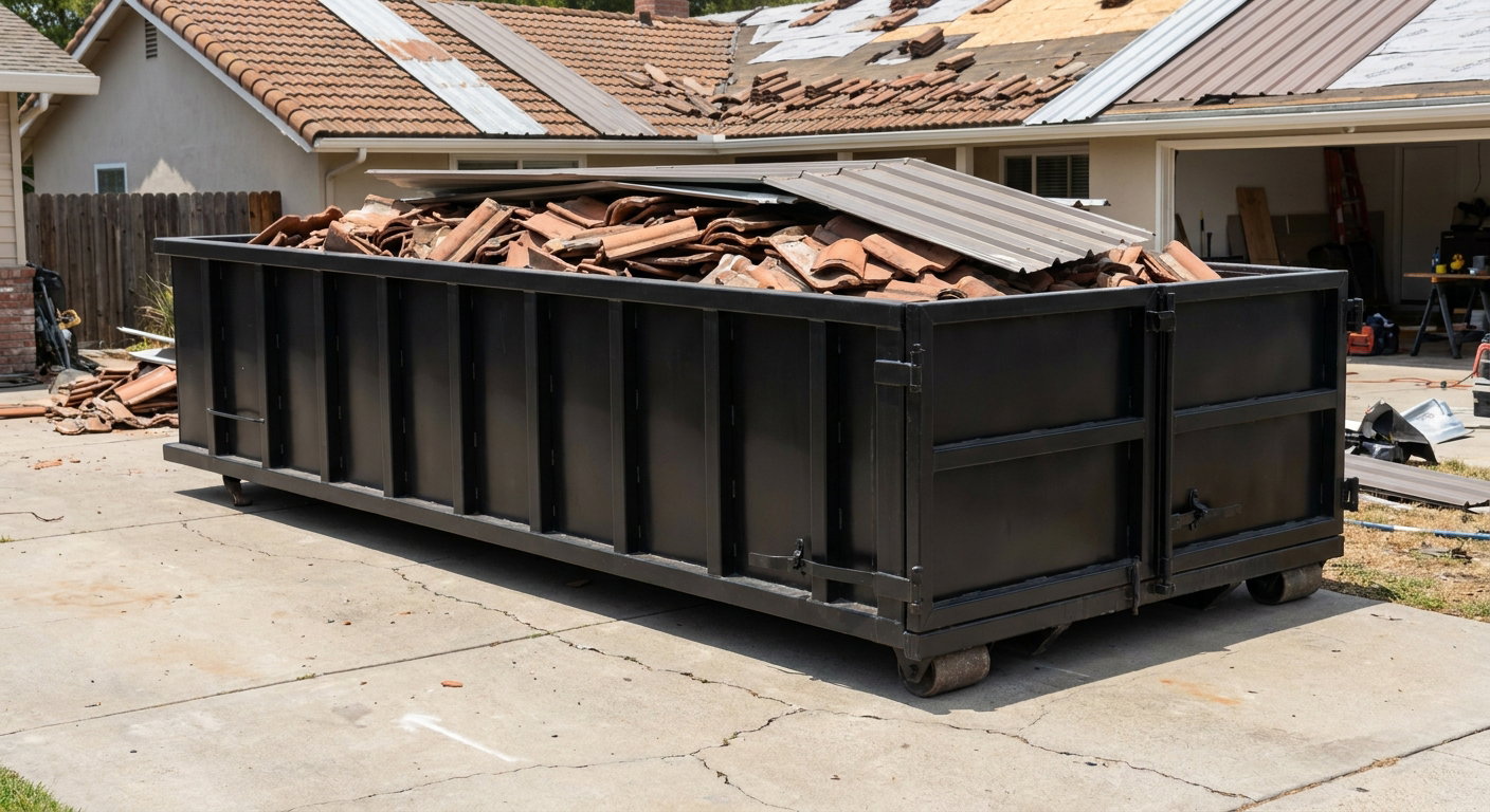 Matte-black low-wall heavy-debris roofing roll-off dumpster sitting directly on a Naperville concrete driveway, broken concrete clay roof tiles and metal panel sections loaded inside, reinforced ribbed steel side walls visible, bright outdoor daylight.