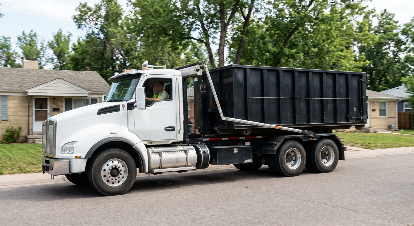 A wide documentary shot of a matte-black roll-off delivery truck pulling onto a quiet Naperville residential street at mid-morning, with neighborhood rooftops and tree-lined blocks visible behind, showing the metro coverage footprint.