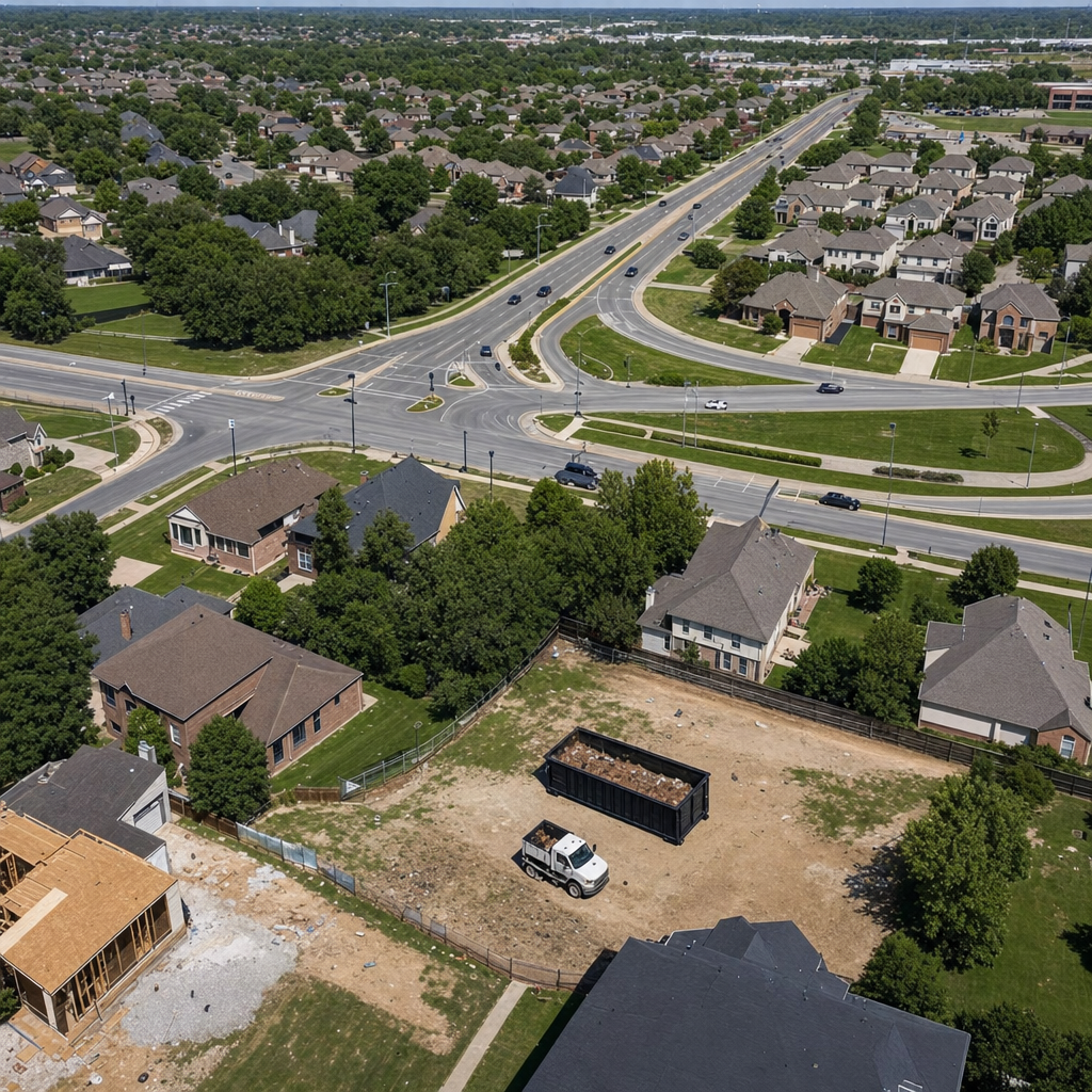 An overhead documentary view of the Naperville metro area at midday, showing the spread of neighborhoods, arterial roads, and the dispatch radius from a central yard — clean daylight, organized geographic layout.