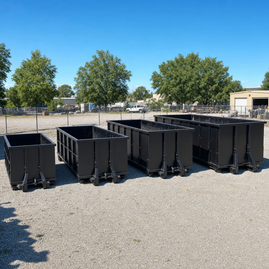 A clean lineup of matte-black roll-off dumpsters in 10, 20, 30, and 40-yard sizes staged on a sunlit gravel yard in Naperville, showing the size progression from compact to commercial-scale containers.