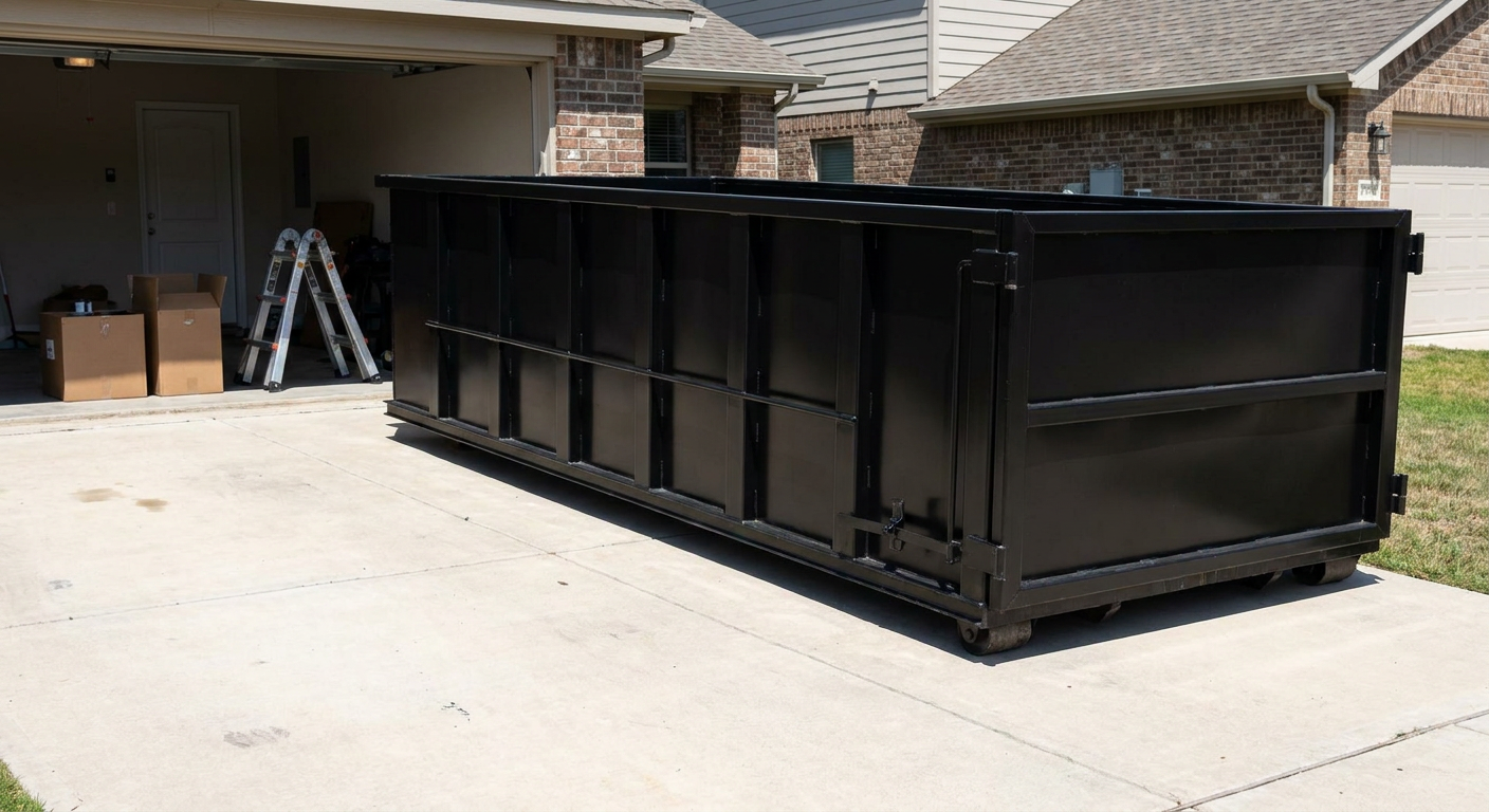 A matte-black 10-yard roll-off dumpster sitting directly on a residential Naperville concrete driveway, mid-day sunlight, clean and ready for a garage cleanout.