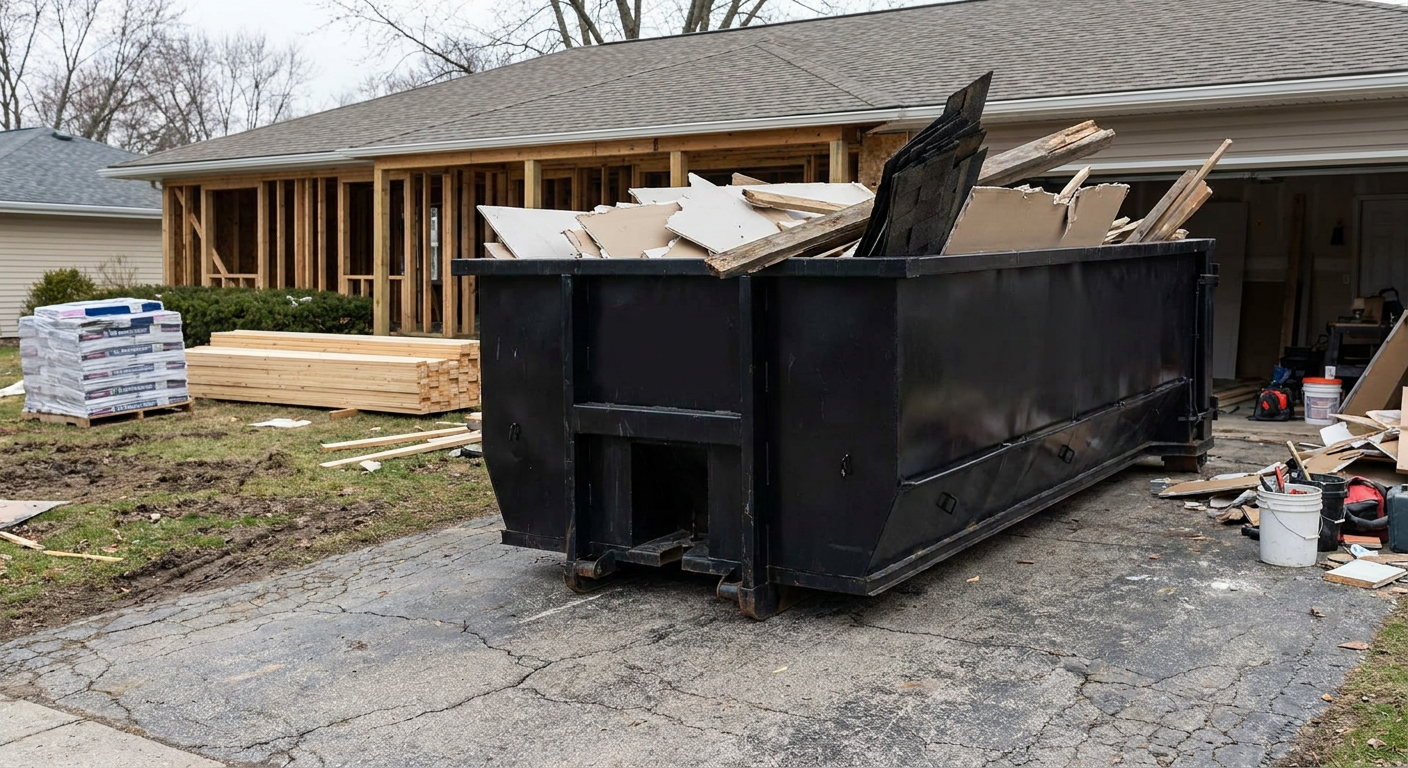 A matte-black 20-yard roll-off dumpster placed alongside a mid-renovation Naperville home directly on the asphalt driveway, with framing materials and torn-off shingles staged neatly nearby.