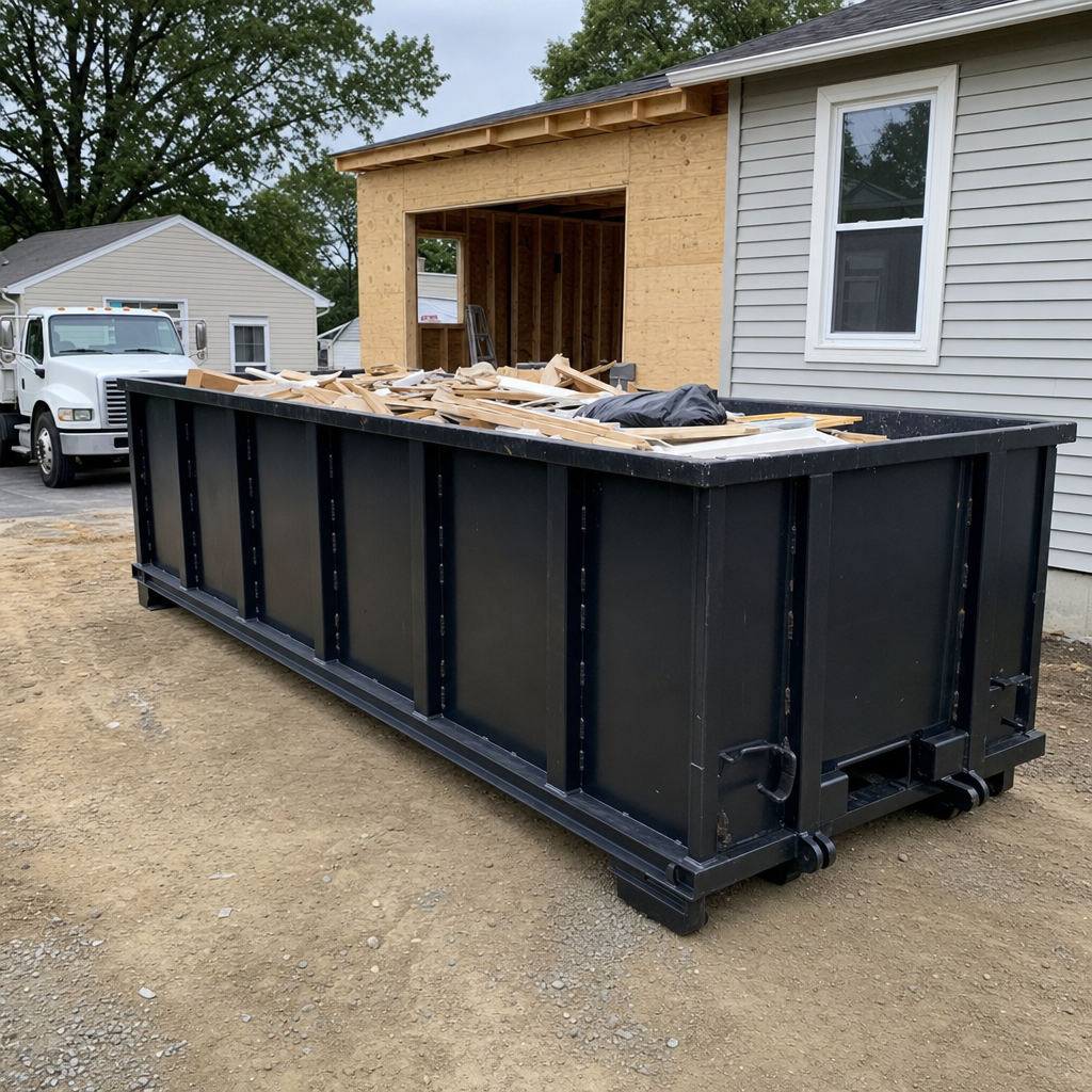 A matte-black 30-yard roll-off dumpster positioned at a Naperville residential addition jobsite, with framing lumber and drywall scraps loaded through the open swinging rear doors.
