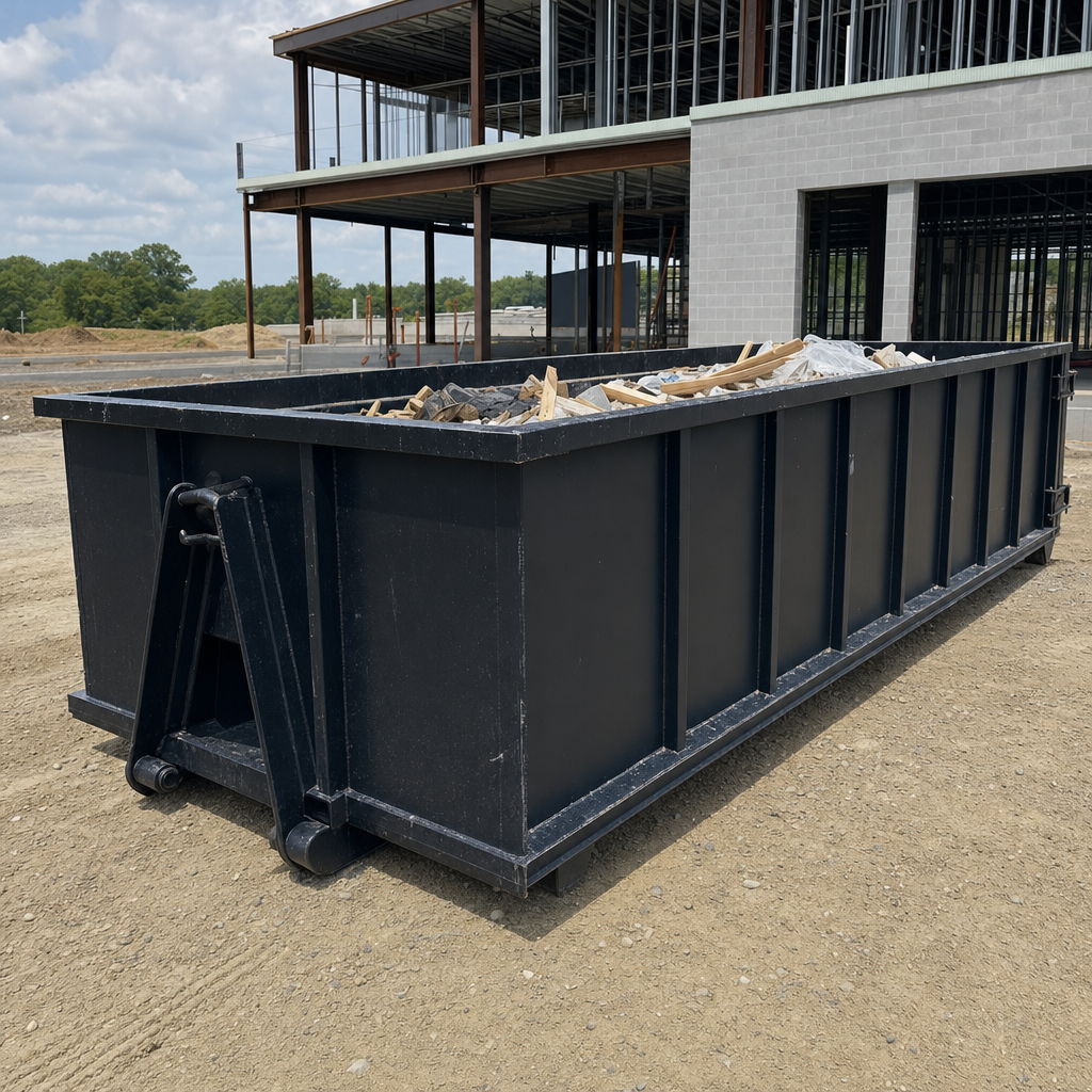 A matte-black 40-yard roll-off dumpster staged on a large Naperville commercial construction lot, with a hooklift delivery truck parked alongside under bright midday sky.