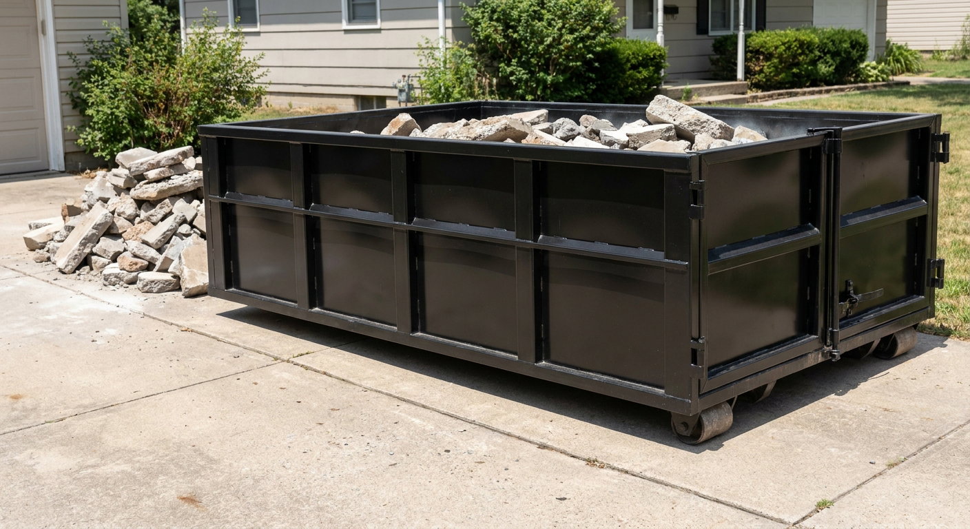 A matte-black low-side heavy-debris roll-off dumpster placed directly on a Naperville concrete driveway, with broken concrete chunks neatly stacked beside it under clean daylight.